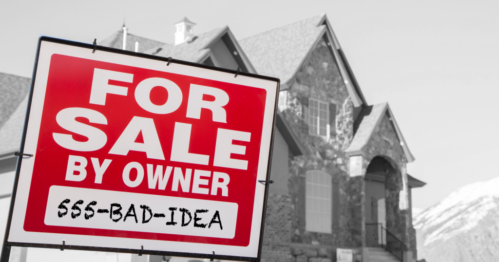 sell your home on your own is not as adventageous as people think. a for sale by owner sign in front of a house