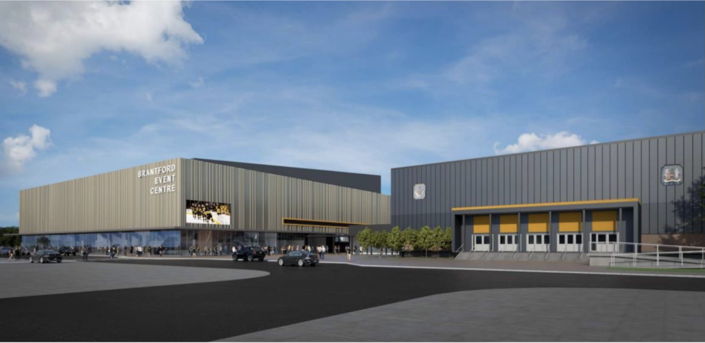 Rendering of the proposed new arena in Brantford twinned up with the Civic Centre