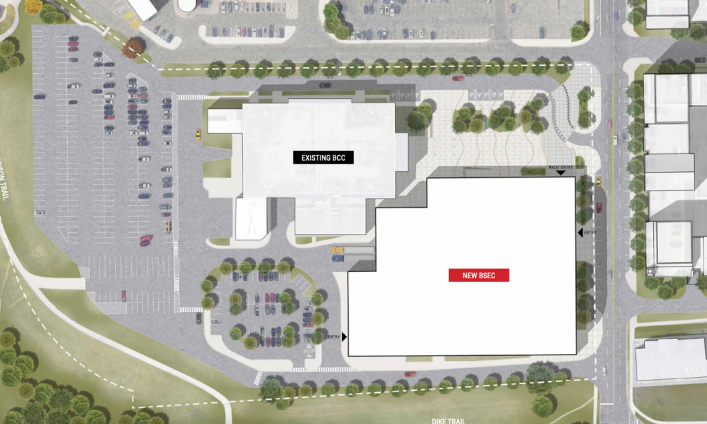 Approved site plan for the Brantford Sports and Entertainment Centre beside the existing Civic Centre