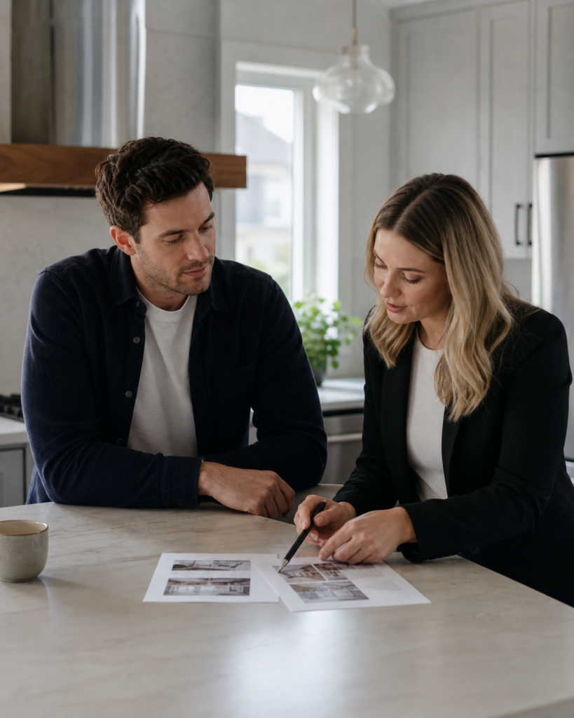 Brantford real estate agent reviewing home details with a first-time buyer