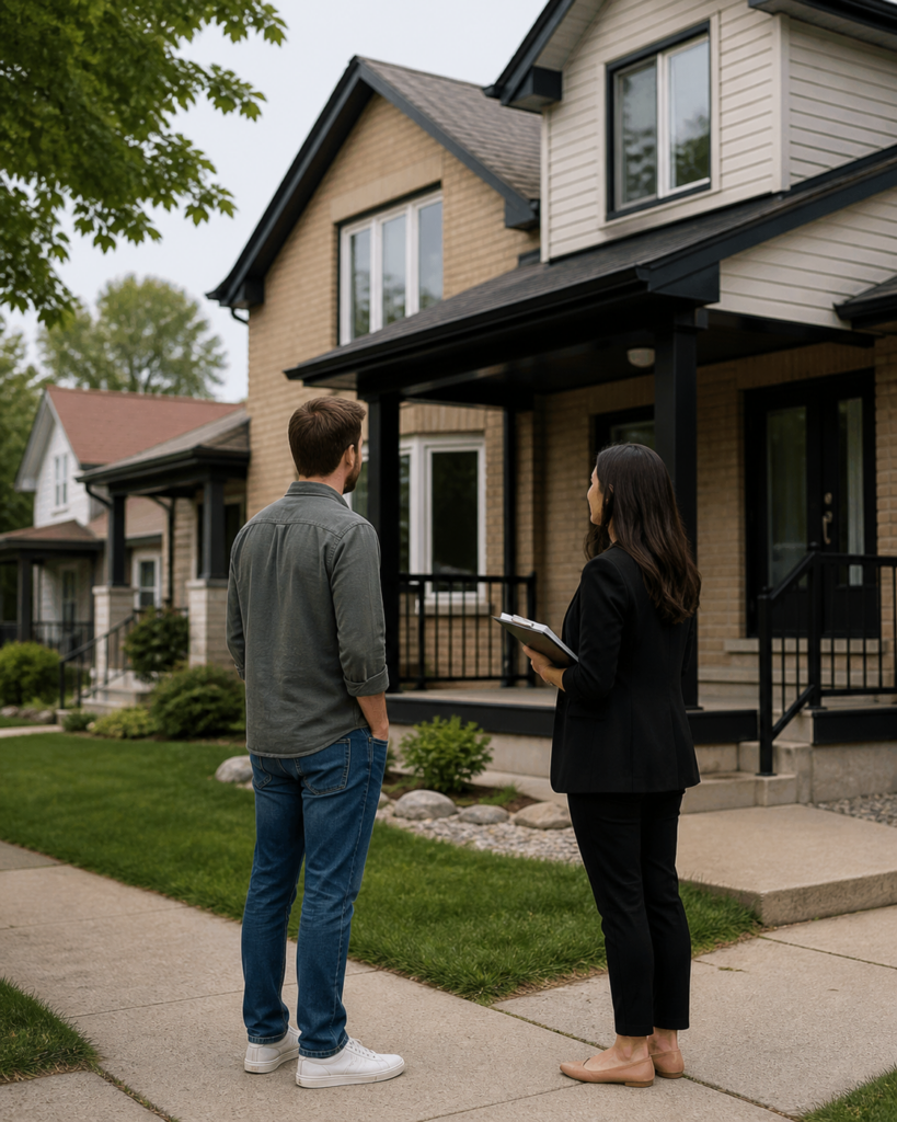 First-time buyer viewing a Brantford home exterior with a real estate agent