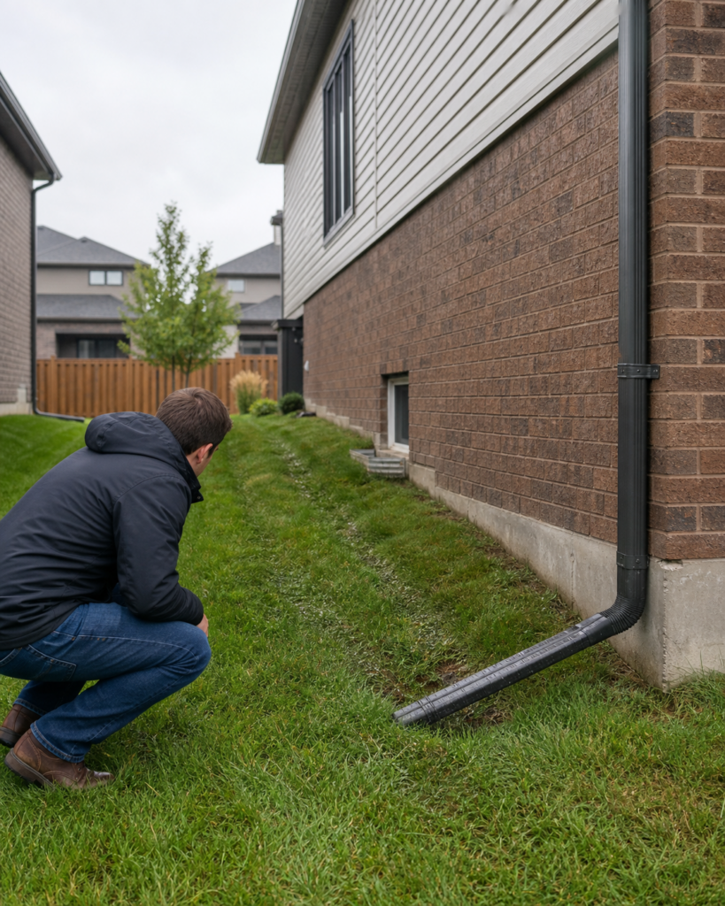 Homebuyer checking lot grading, a grass swale, and a downspout beside a West Brant home