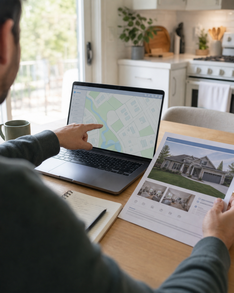 West Brant homebuyer comparing a municipal property map with a home listing