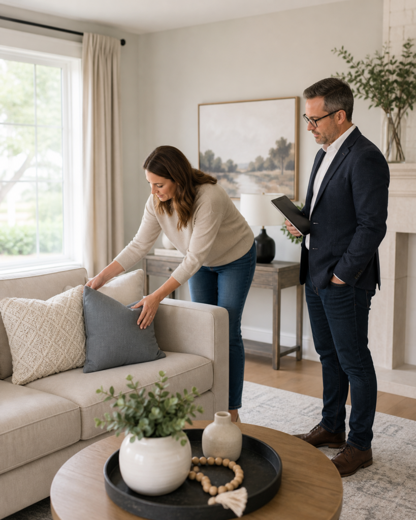 Brantford home seller preparing a living room for listing photos with a real estate agent