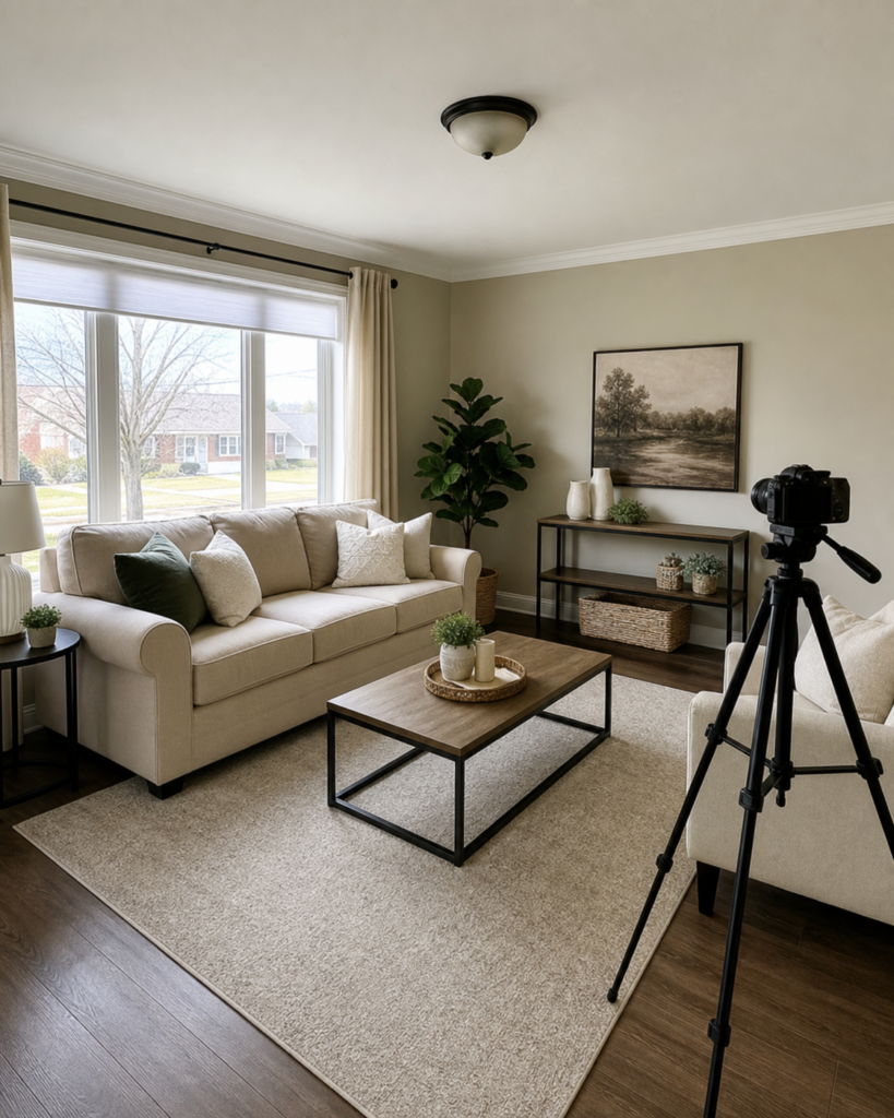 Tidy Brantford living room prepared for real estate listing photos