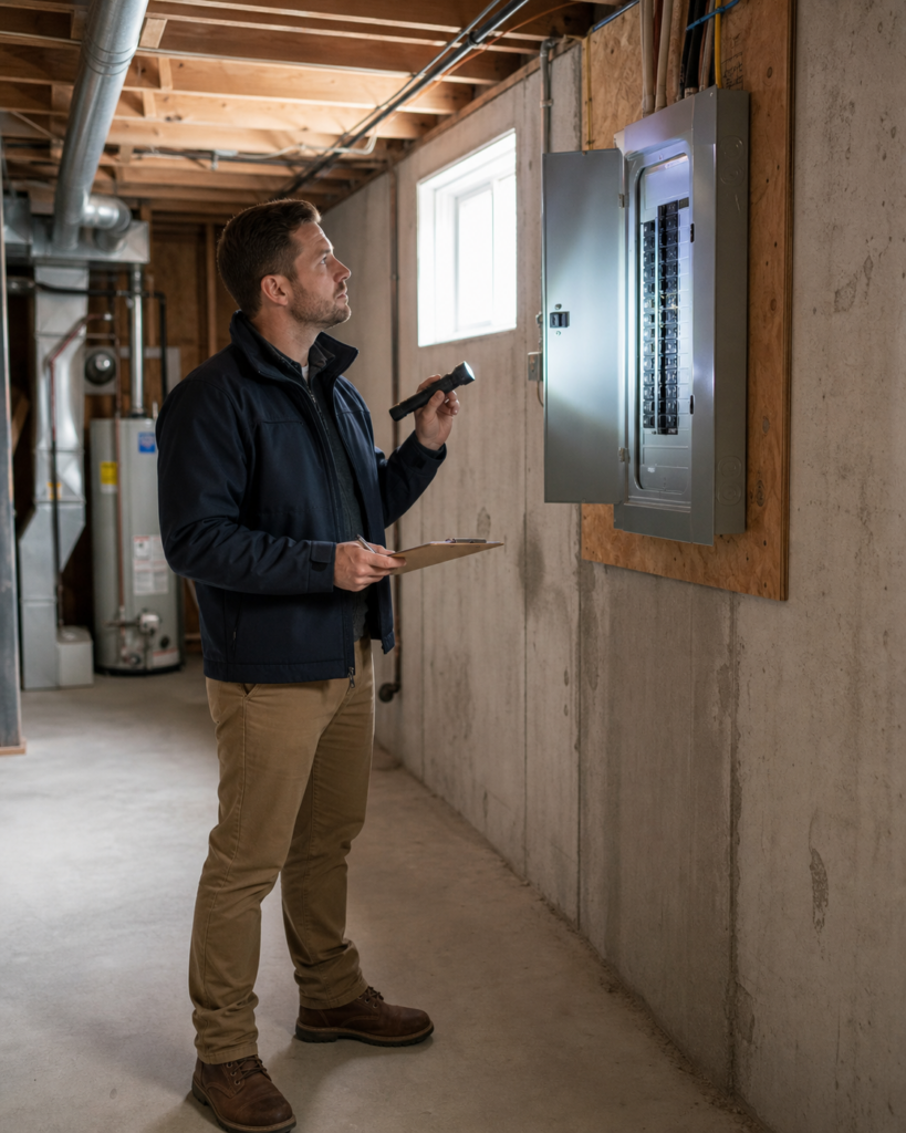 Home inspector checking the basement condition of an Ontario power of sale home