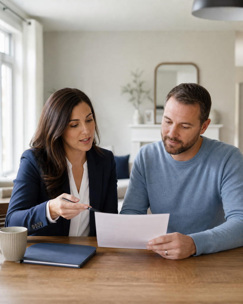 Brantford homeowner and Realtor reviewing a listing agreement before selling a home