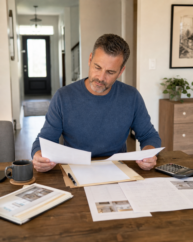 Brantford homeowner comparing showing notes and offer paperwork for a private sale decision