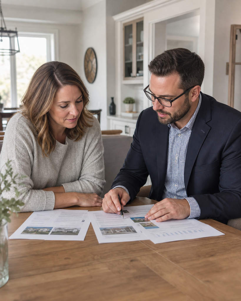 Brantford homeowner reviewing comparable sales and pricing notes with a real estate agent
