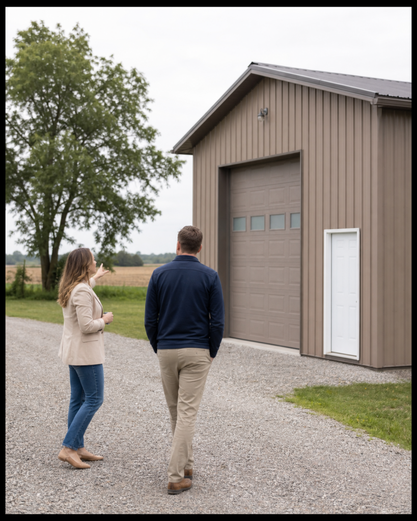 Buyer and real estate agent inspecting an outbuilding on a rural Brant County property
