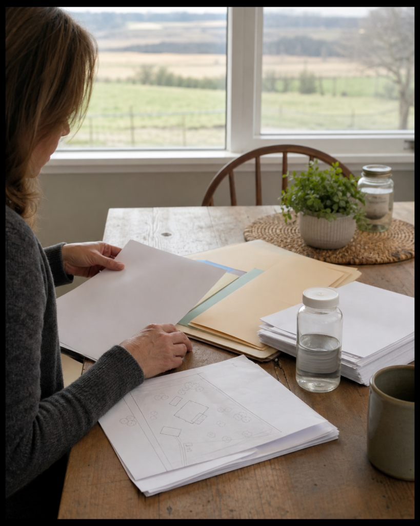 Rural homeowner organizing well and septic records before selling a Brant County property