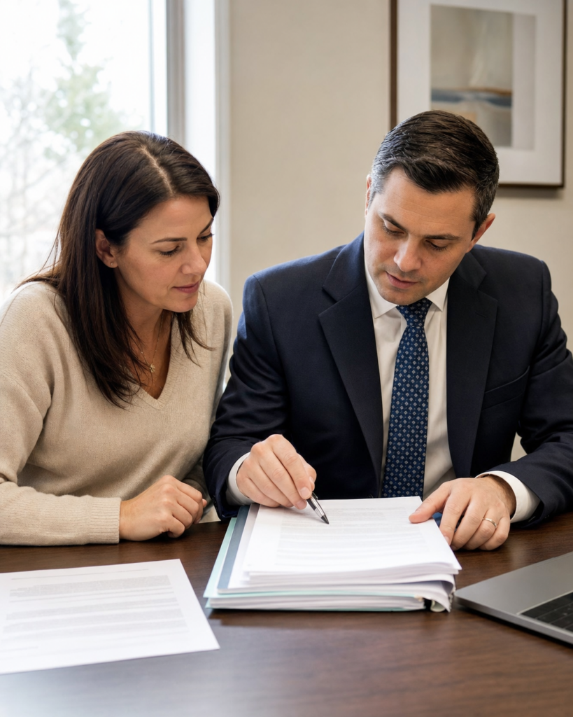Ontario homebuyer reviewing a power of sale schedule with a real estate lawyer