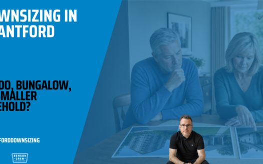 Mature Brantford homeowners comparing condo, bungalow, and smaller freehold options for downsizing in Brantford