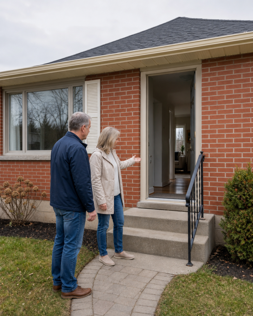 Mature Brantford homebuyers inspecting the entrance steps and main-floor layout of a brick bungalow