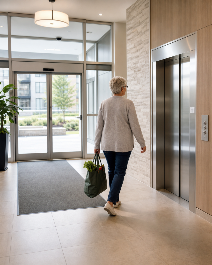 Mature resident walking through an accessible condo entrance toward an elevator while downsizing in Brantford