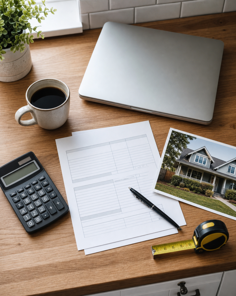 First home in Brantford budget planning with a calculator, blank worksheet, laptop, and property photo
