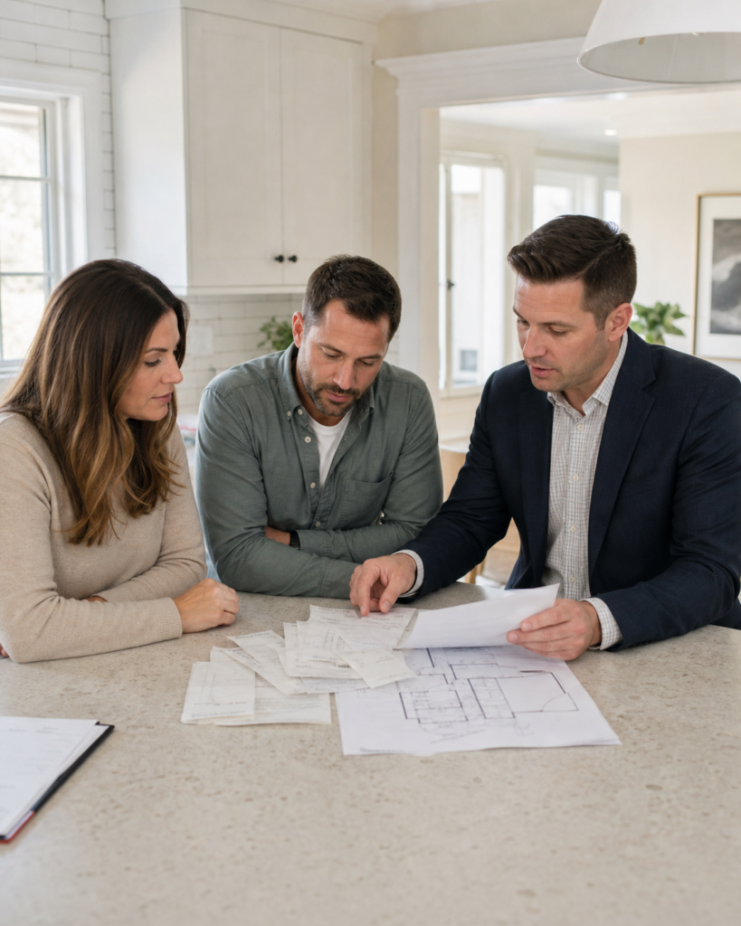 West Brant homeowners reviewing renovation receipts, floor plans, and permit records with a real estate agent