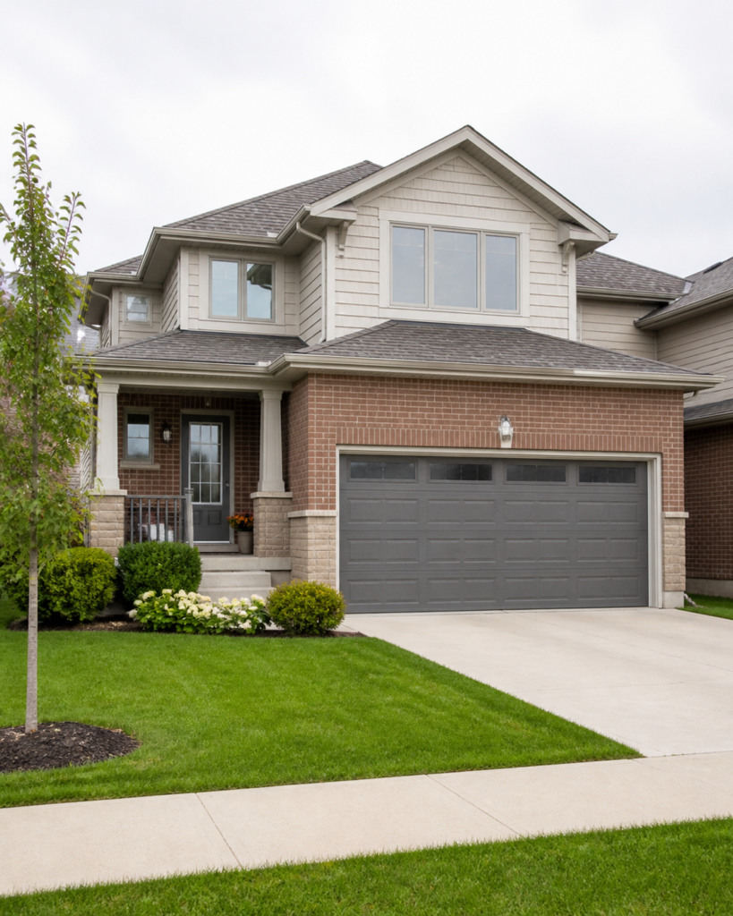 Tidy West Brant detached home exterior showing its entrance, driveway, and landscaping before sale