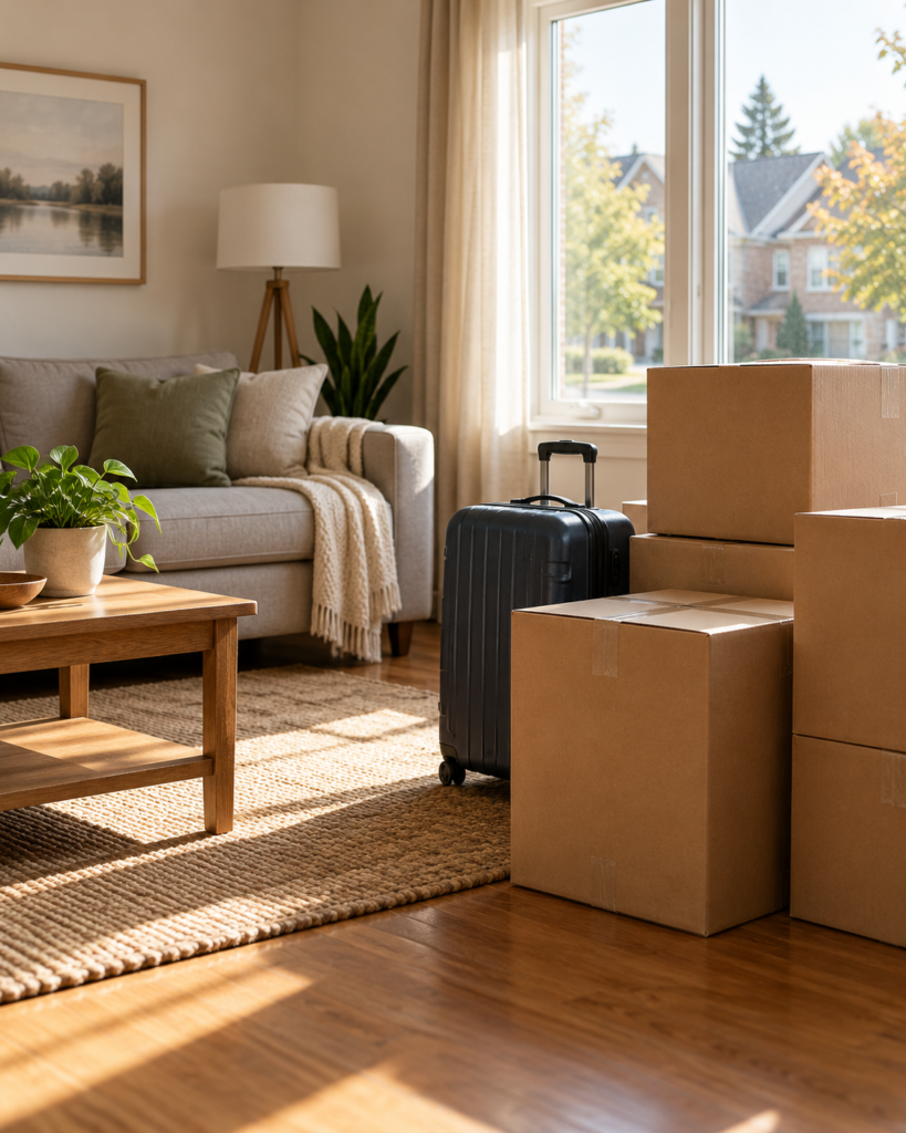 Moving boxes and a suitcase in a living room, illustrating temporary housing between a Brantford sale and purchase.