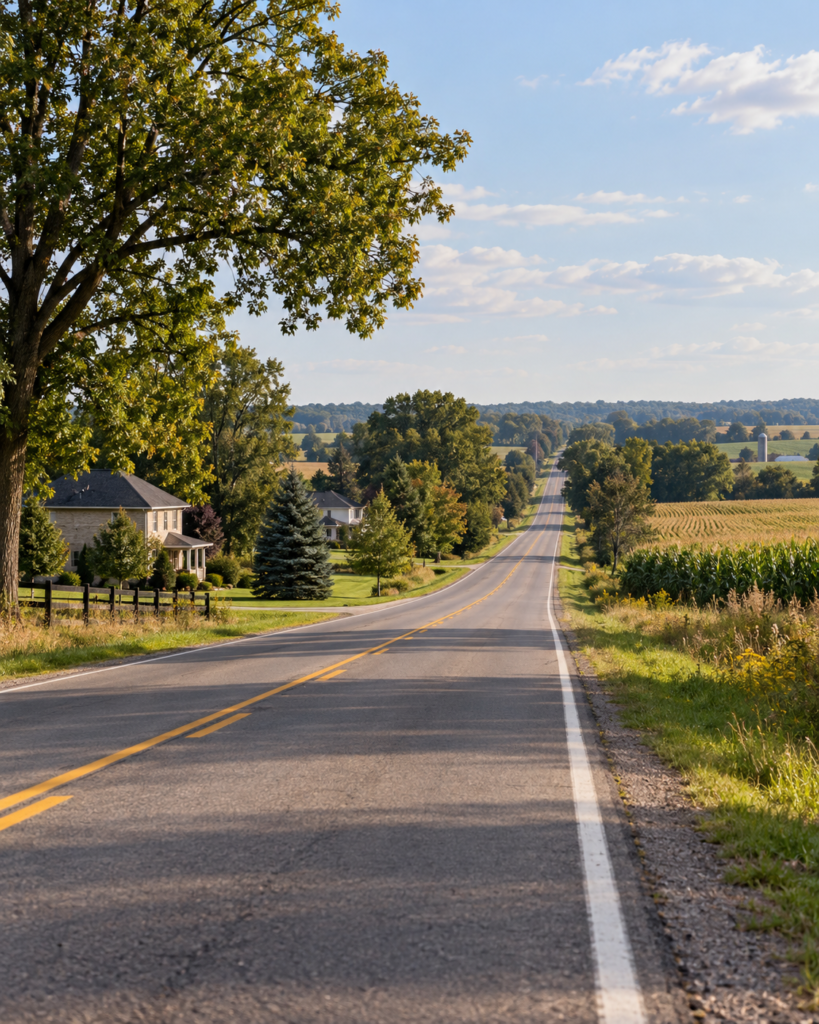 Illustrative rural road and homes for comparing the Brantford commute when buying in Oxford County.