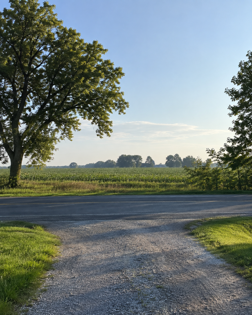 Gravel driveway meeting a rural road, illustrating commute checks when buying in Norfolk County.