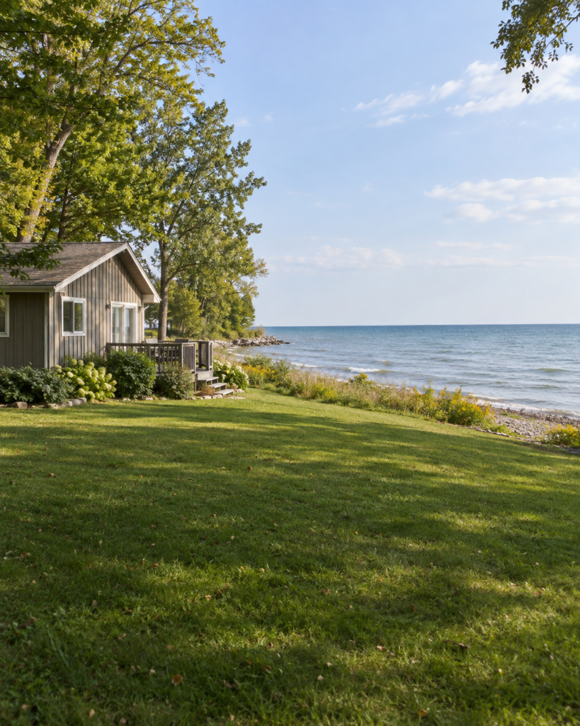Illustrative lakeside cottage and grassy yard beside a broad freshwater shoreline for Norfolk County property checks.