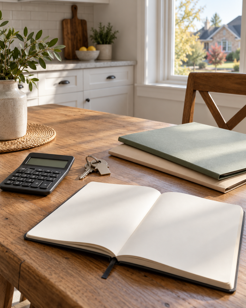 Calculator, house keys, folders and a blank notebook for planning sale proceeds before buying a Brantford home.