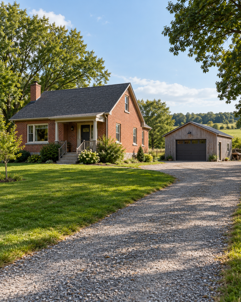 Illustrative rural brick home, detached workshop and gravel driveway for Oxford County property checks.