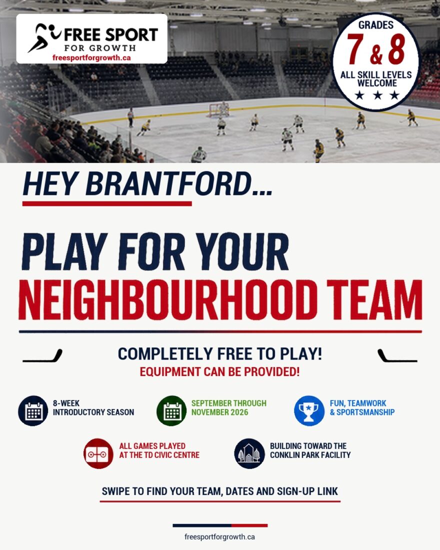 BRANTFORD! Free Sport For Growth is organizing a FREE 8 week Neighbourhood Hockey League for kids in grades 7 & 8! All skill levels…
